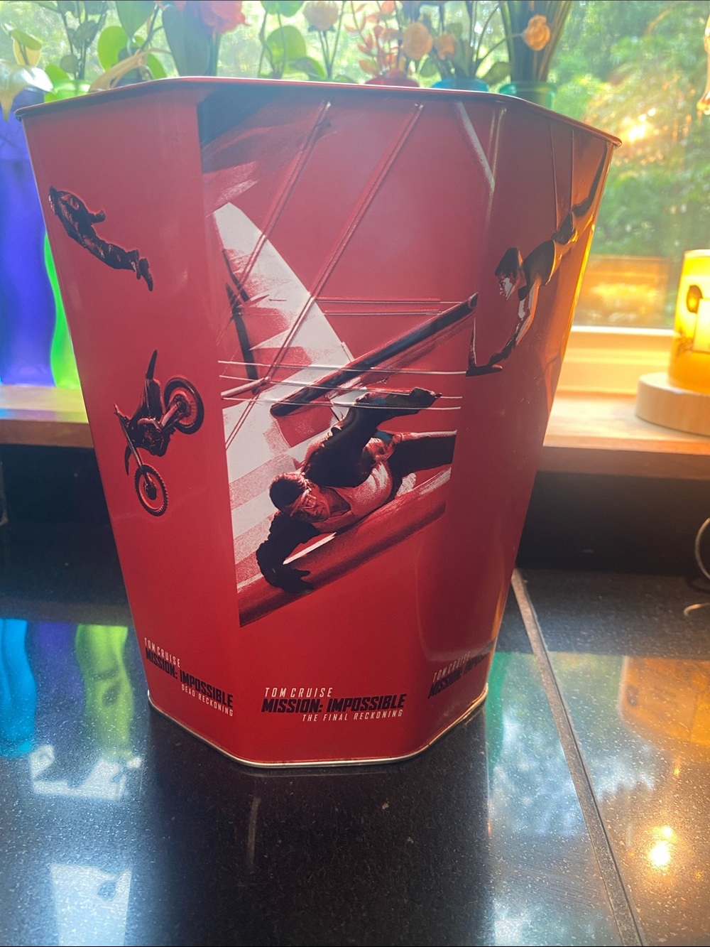 Mission impossible. Red Movie Popcorn Tin with Action Graphics